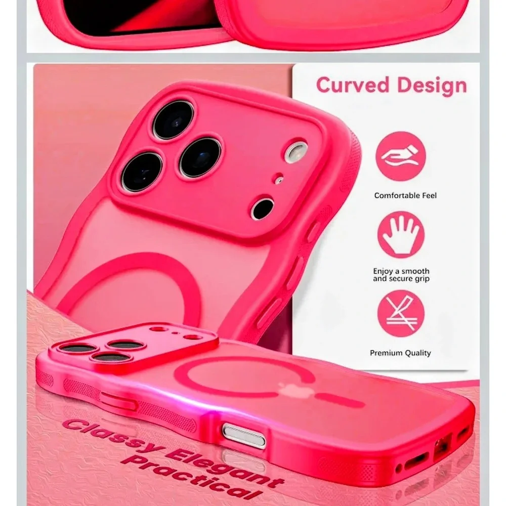 Hot Pink Wavy Edge MagSafe Case for iPhone 14 Pro Max Curly Scalloped Cover